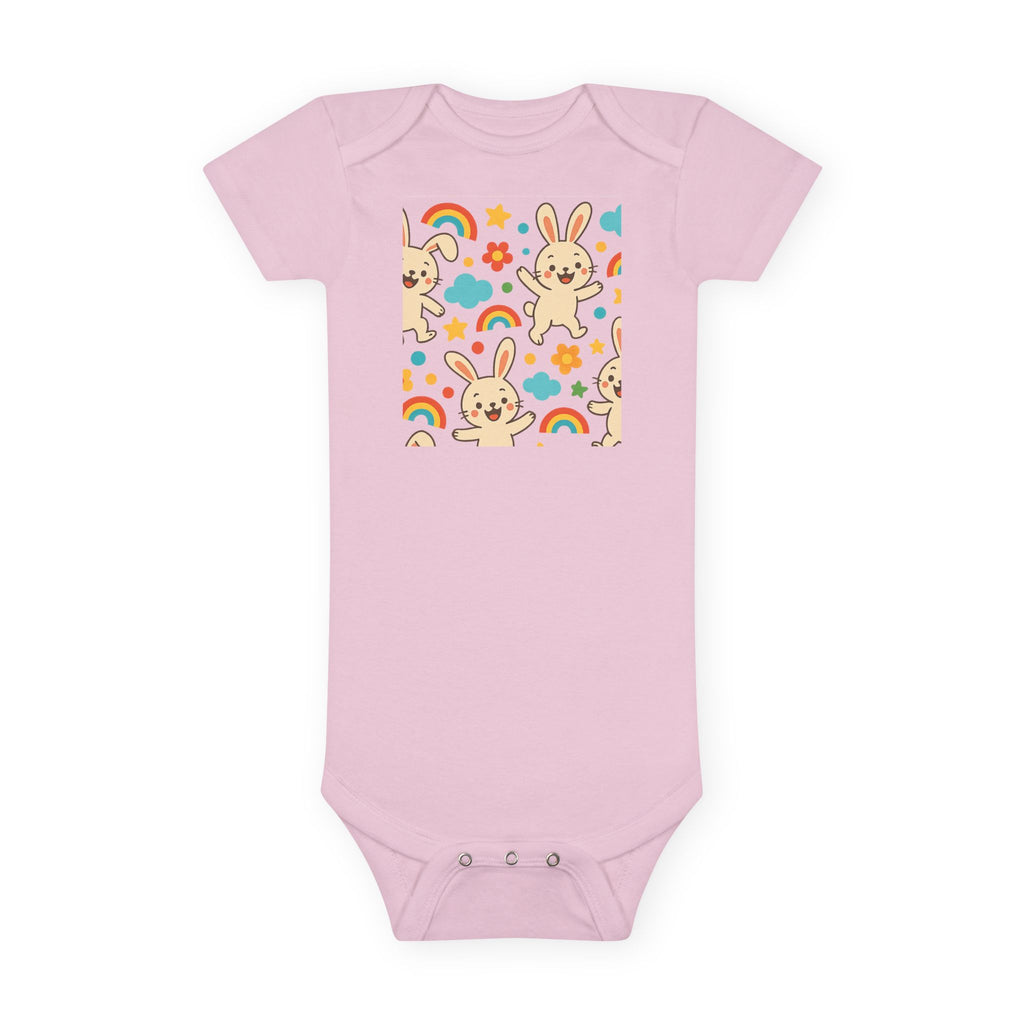 Cute bunny baby onesie for spring with rainbows and flowers on soft cotton fabric

