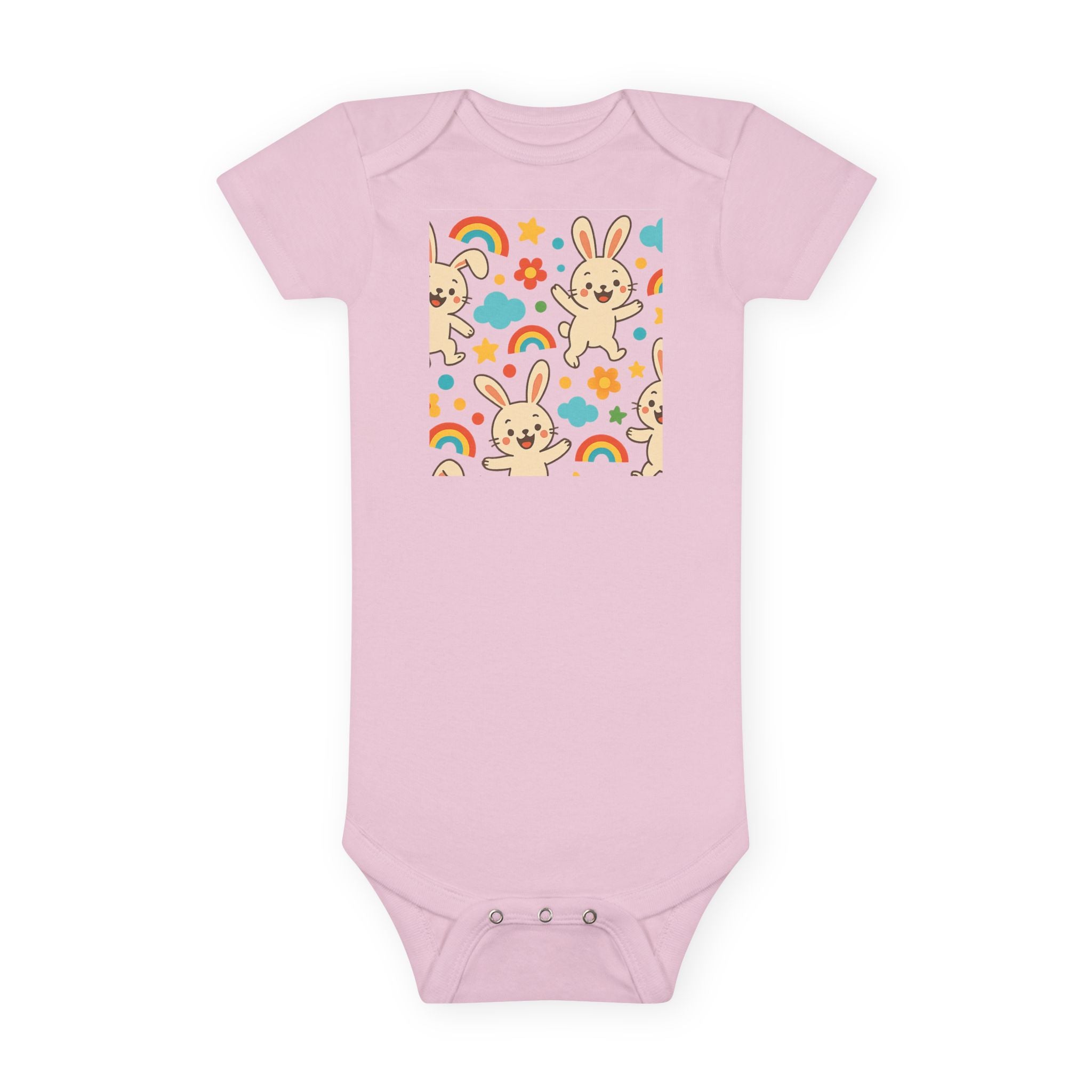Cute bunny baby onesie for spring with rainbows and flowers on soft cotton fabric


