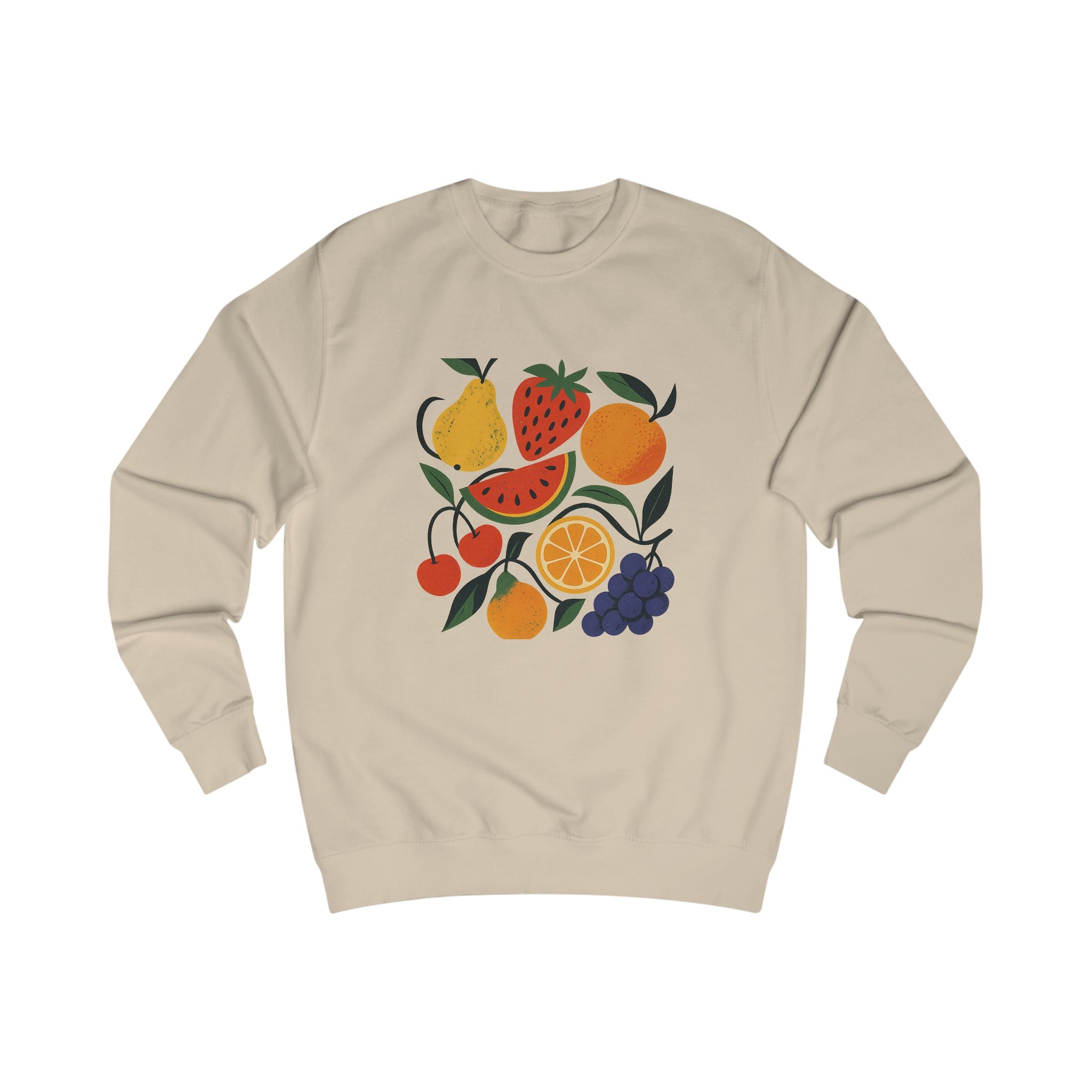 Unisex sweatshirt with colorful fruit artwork, elastic collar and side seams


