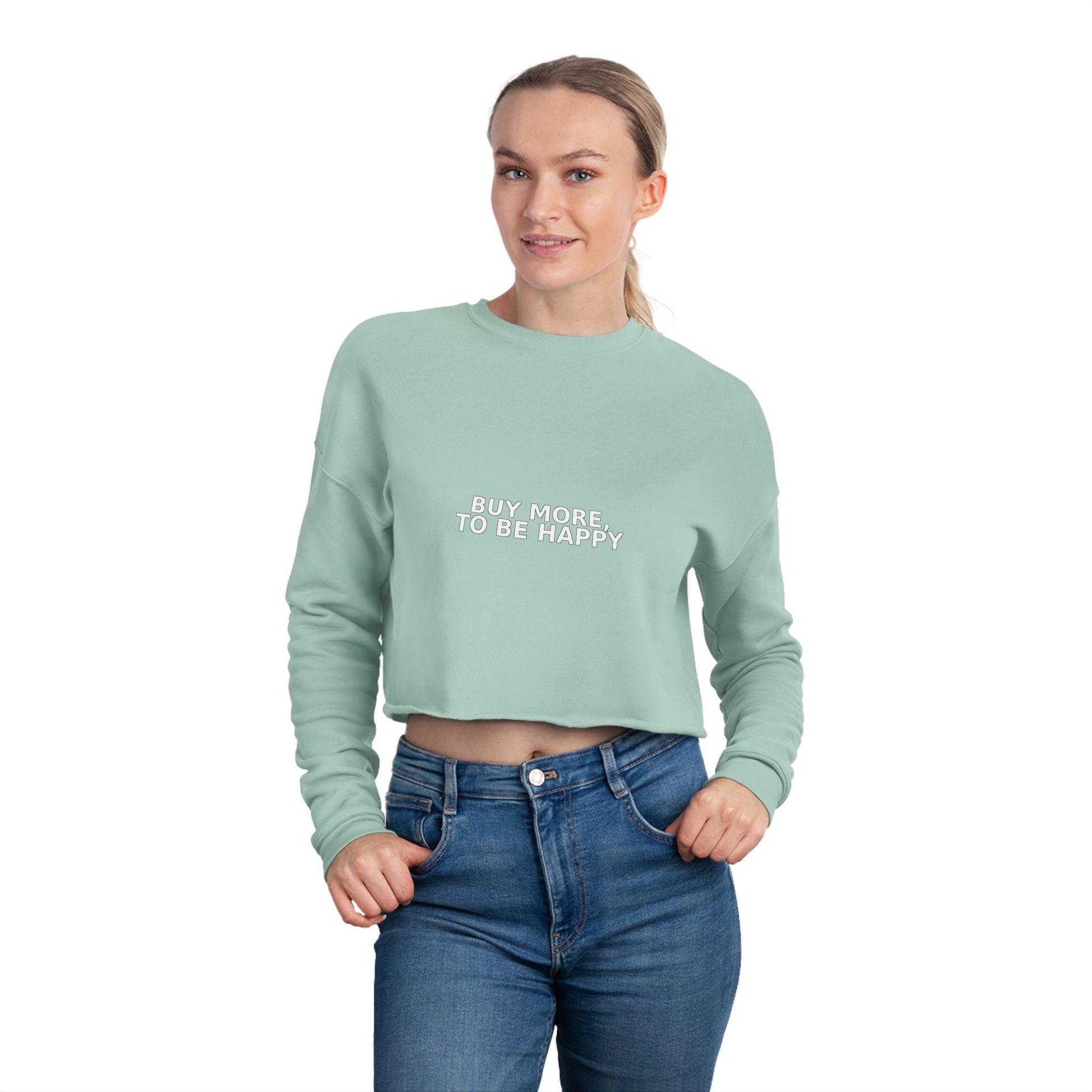 Cream-colored cropped sweatshirt featuring elastic ribbed cuffs and an unfinished bottom edge.

