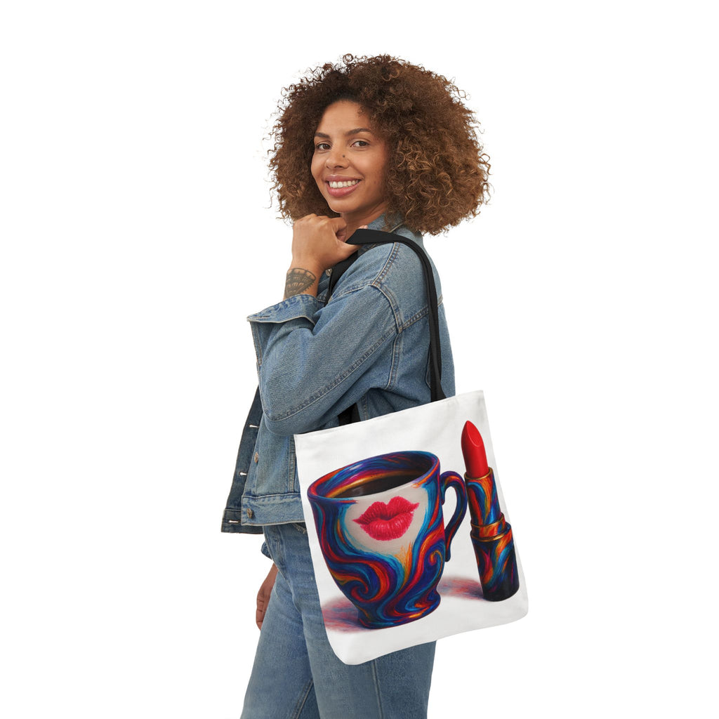 Customizable Canvas Tote Bag displaying a printed coffee mug accented by lipstick.


