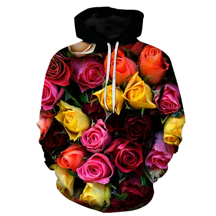 Rose Hoodie with Floral Print and Loose Fit Long Sleeve