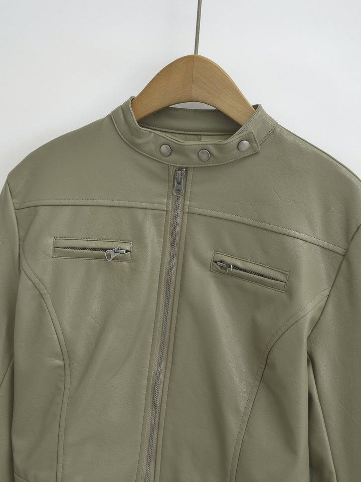 Gray Green jacket on a wooden hanger in a front upper-body view, with stand collar, chest zips and panel seams against white.