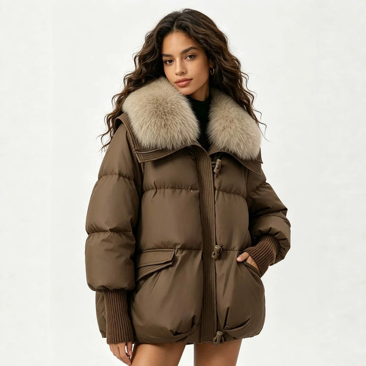 Coffee puffer jacket showing front pockets and collar
