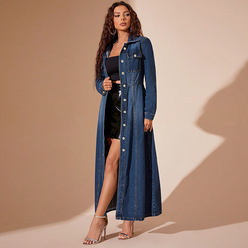 Dark blue Denim Button Cardigan Jacket Dress with boots