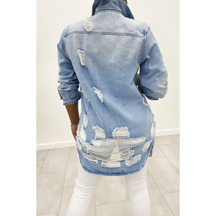 Dark blue Sexy Ripped Denim Jacket layered over a floral dress for a versatile vibe.


