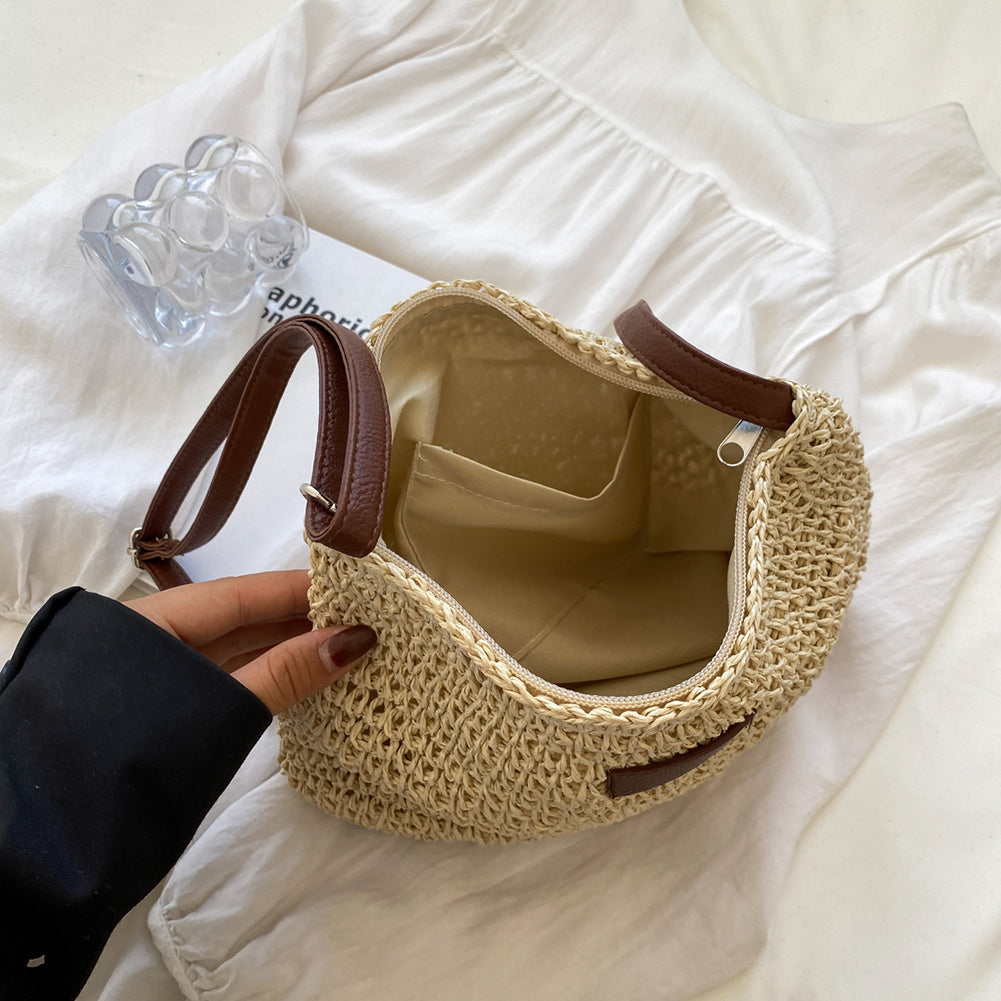 Dark khaki vacation straw tote – secure zip, polished weave