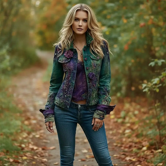 Denim jacket women back view with street fashion details