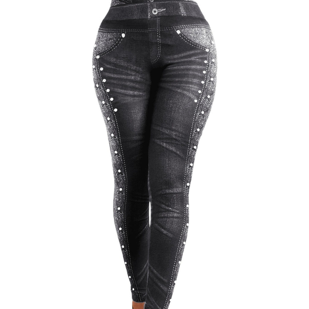 Denim yoga pants – ponte stretch fabric close-up