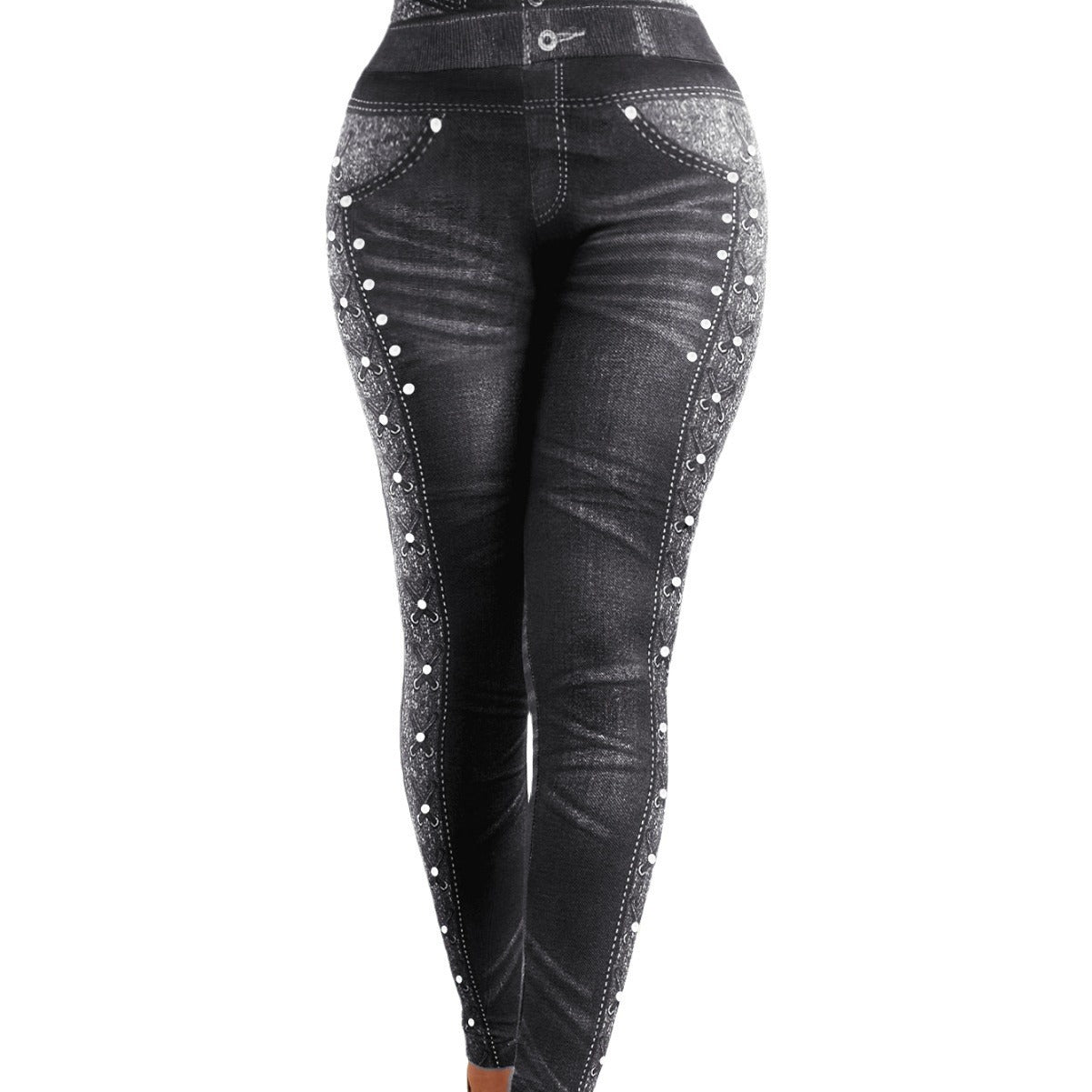 Denim yoga pants – ponte stretch fabric close-up