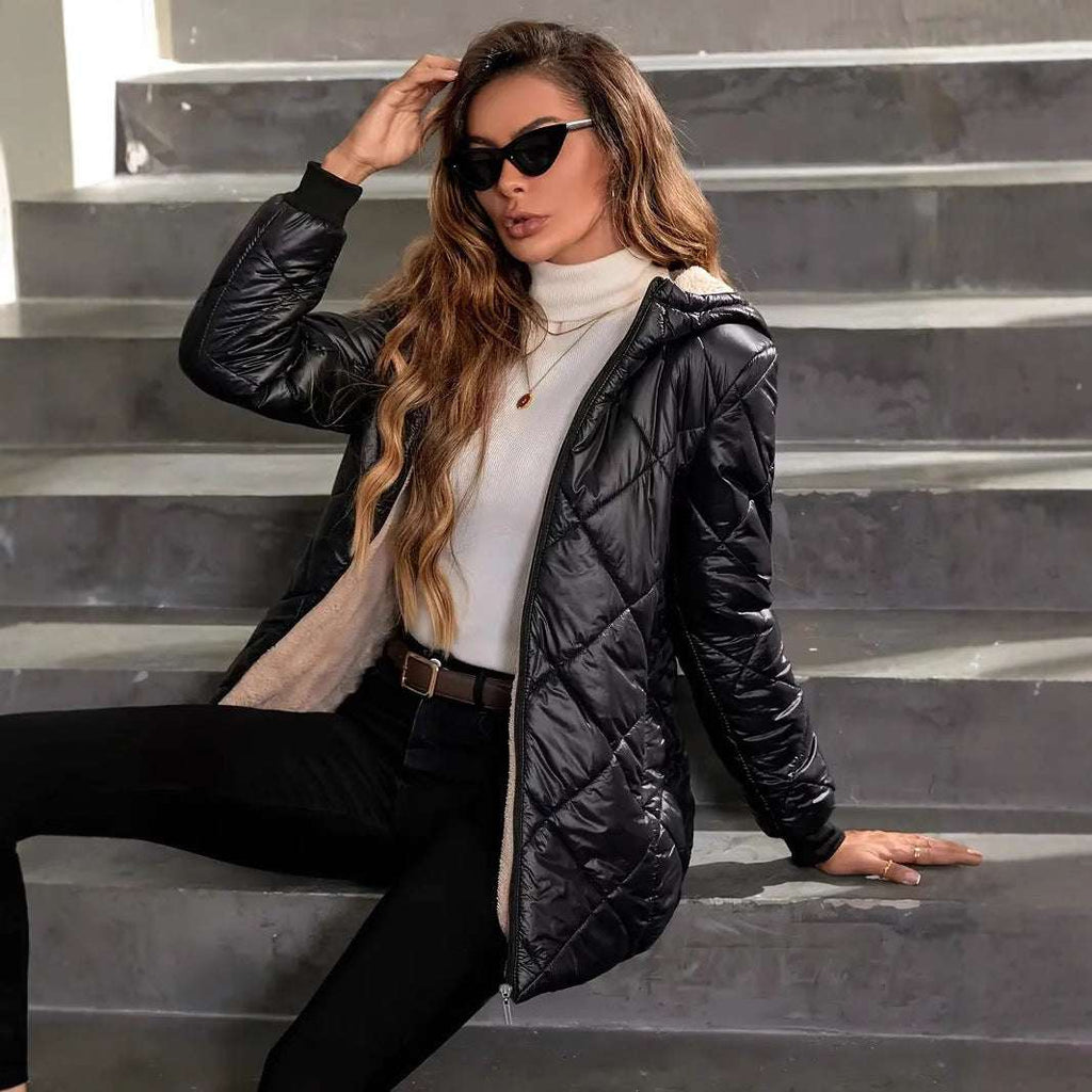Model wearing black winter coat for women with diamond lattice pattern

