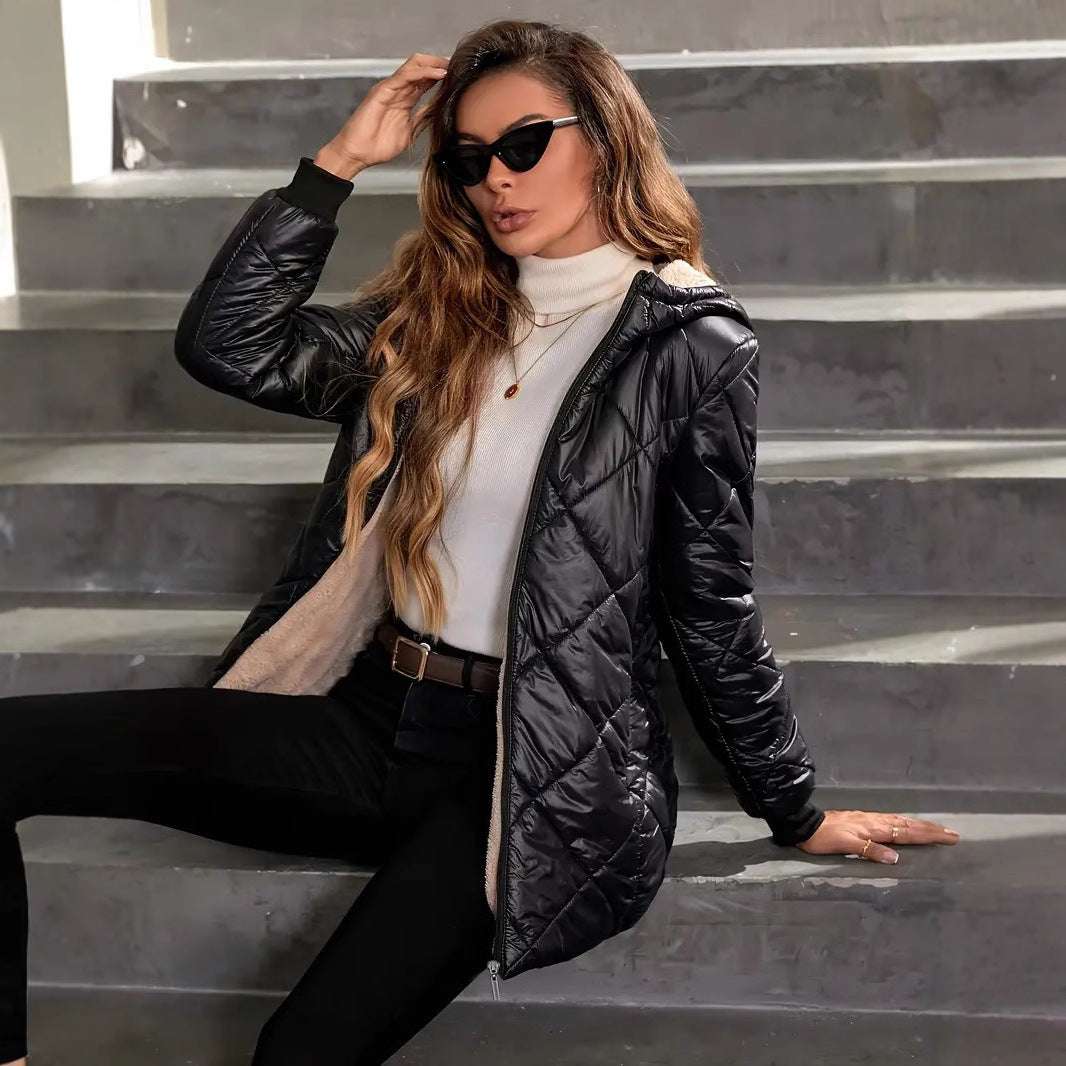 Model wearing black winter coat for women with diamond lattice pattern

