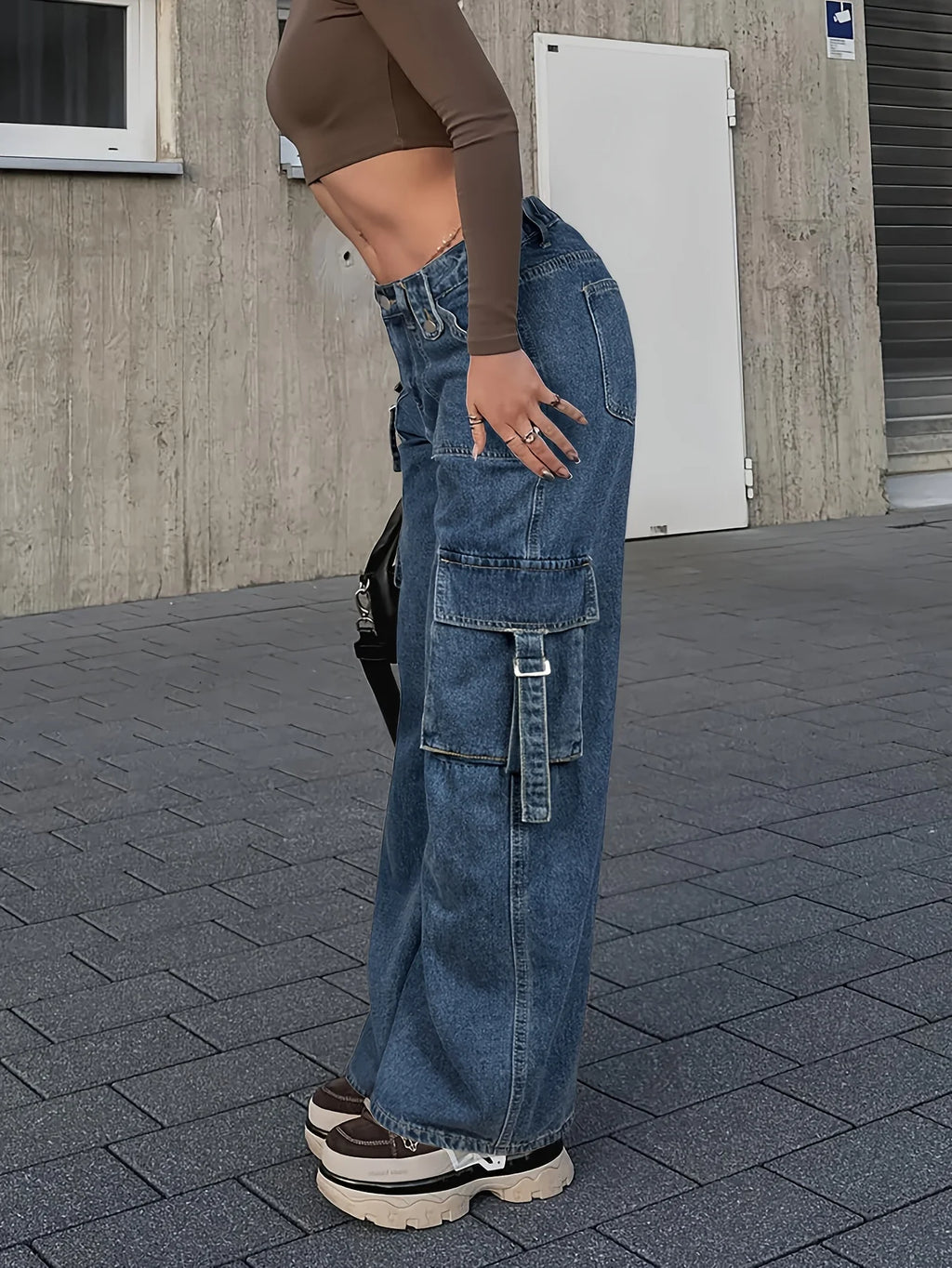 Detail Shot of Button Fly and Washed Denim in Trendy Women's Cargo Jeans