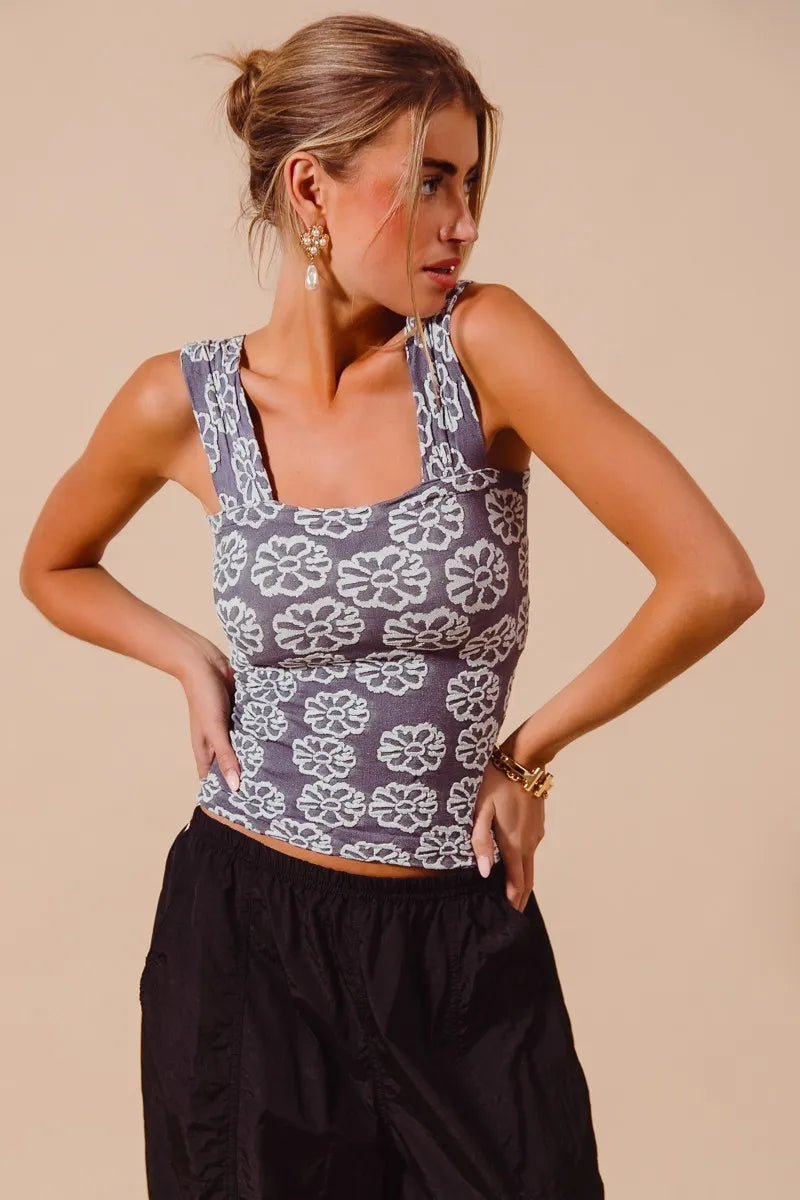 “Detail of Two Tone Floral Seamless Tank Top fabric texture and breathable stretch”

