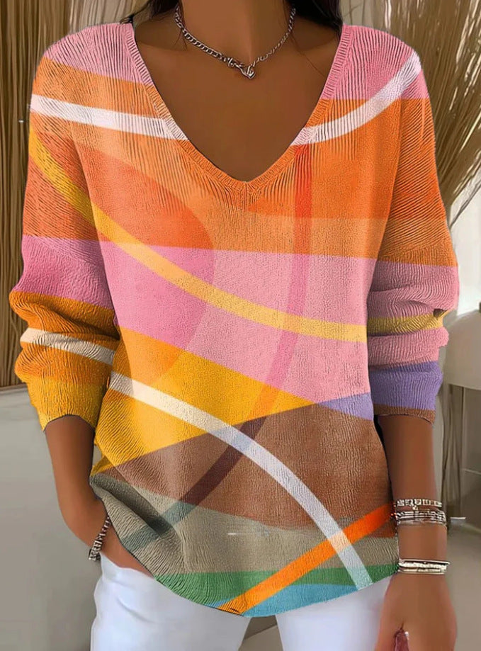 Detail of V-Neck Collar on Women's Long Sleeve Gradient T-Shirt – Flattering Cut Highlights Neckline Grace