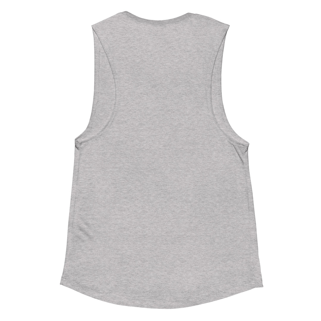 Detail shot of curved bottom hem on ladies’ muscle tank, emphasizing flattering silhouette and clean finish.      