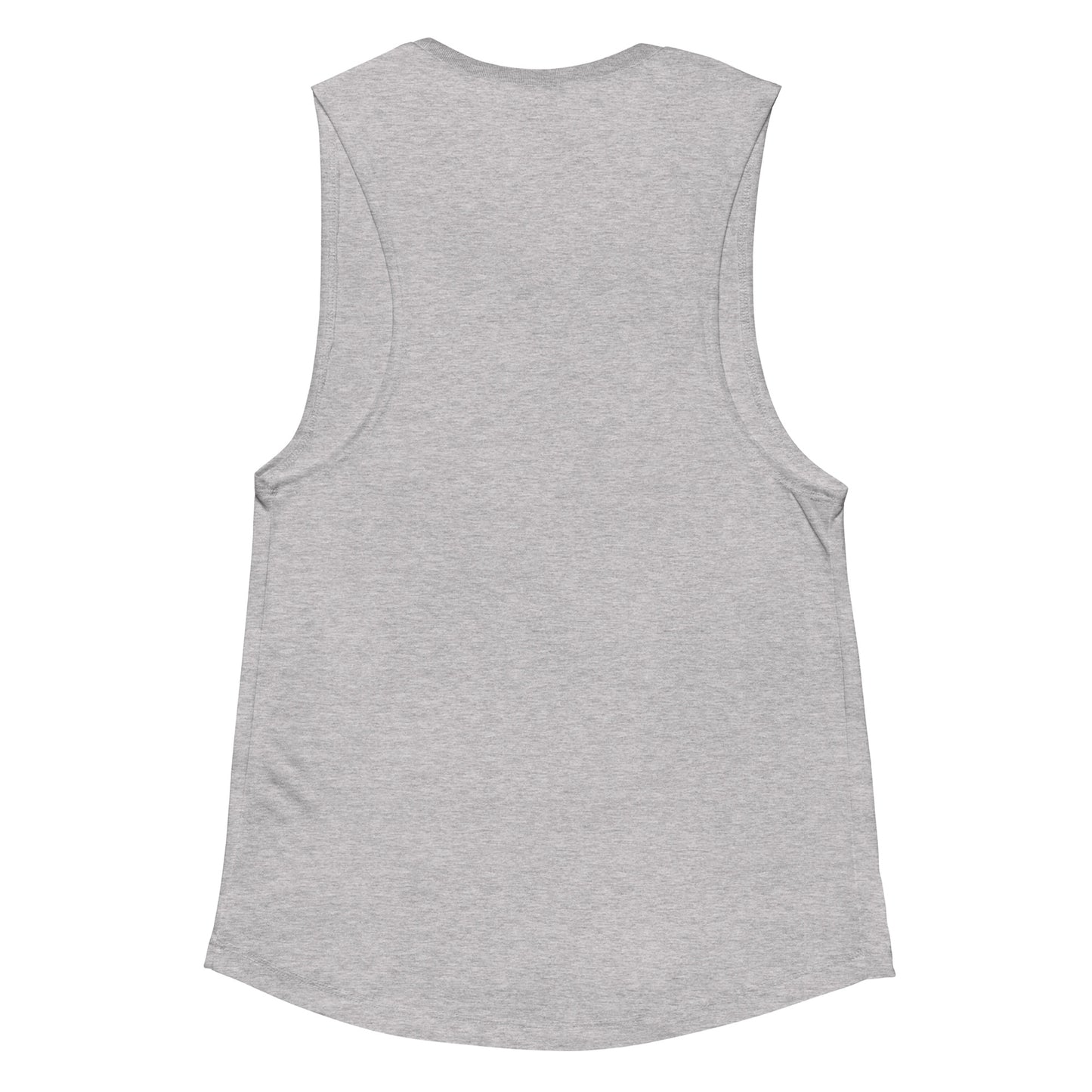 Detail shot of curved bottom hem on ladies’ muscle tank, emphasizing flattering silhouette and clean finish.      