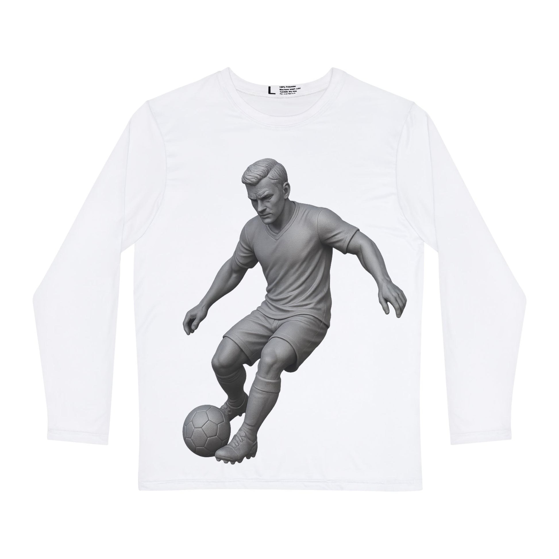 Back view of men's sporty long sleeve soccer shirt in motion

