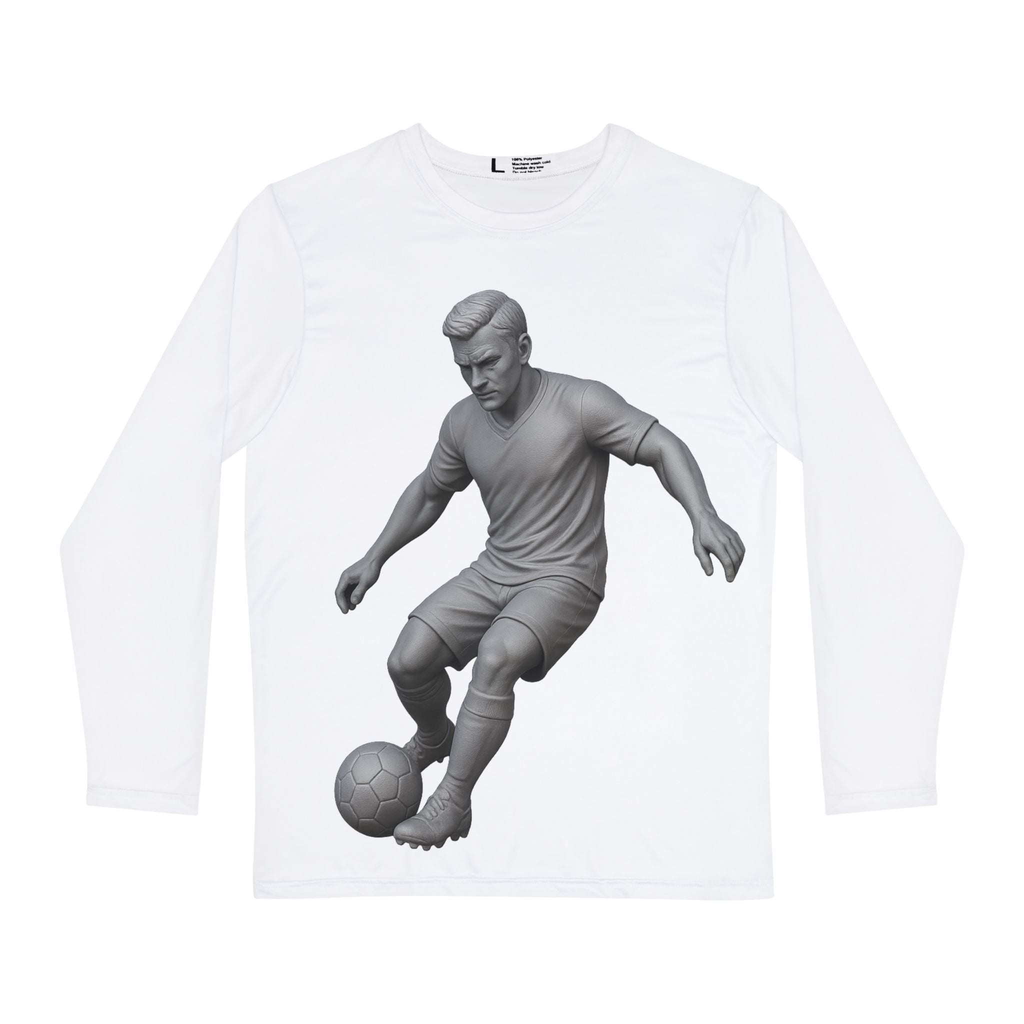 Back view of men's sporty long sleeve soccer shirt in motion

