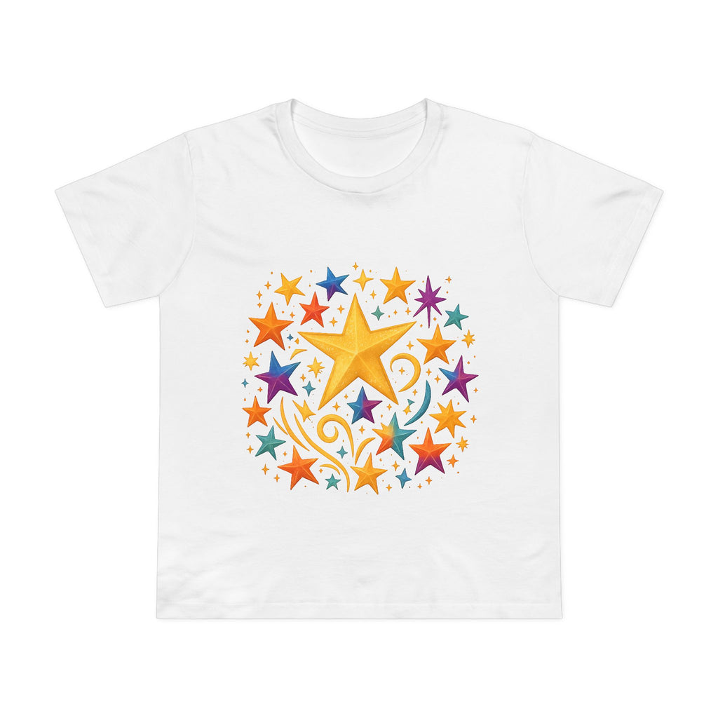 Detailed shot of Women’s Vibrant Star Tee’s ribbed collar and high-quality cotton

