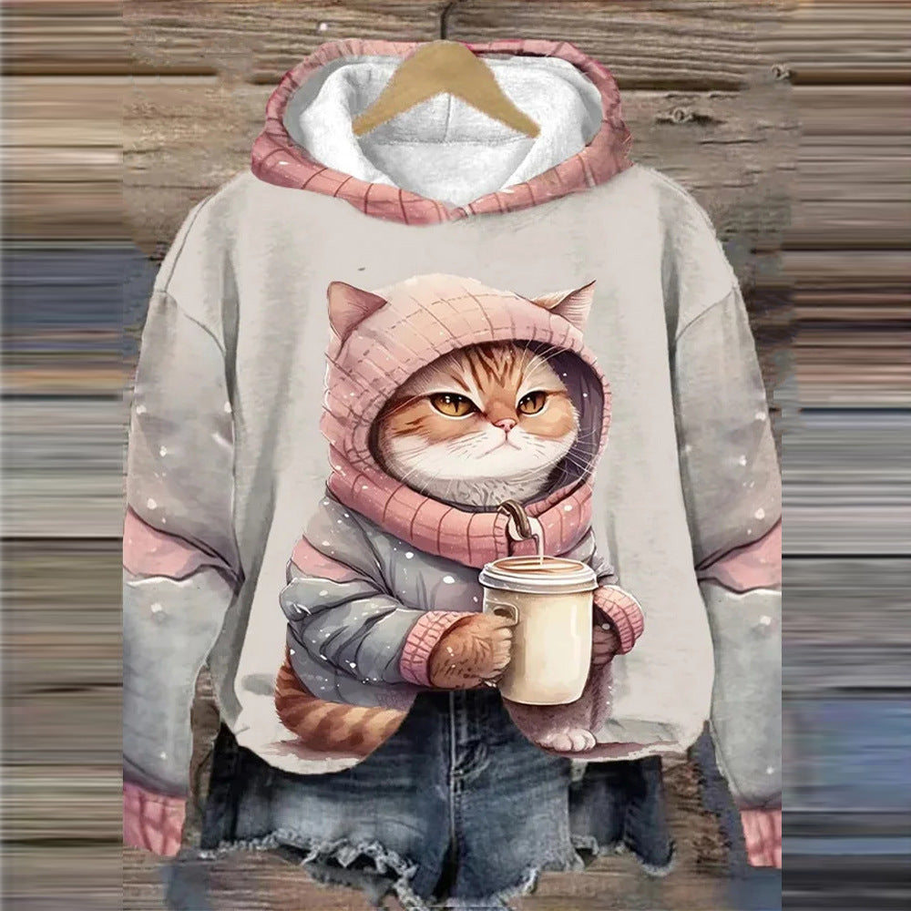 Detailed view of realistic 3D cat pattern on hoodie front

