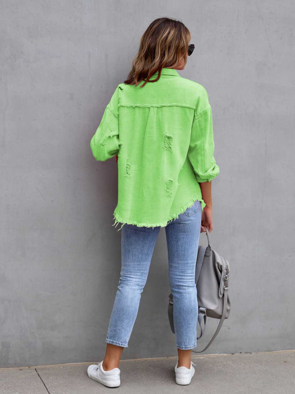 Distressed denim jacket – festival-ready fringe, relaxed silhouette