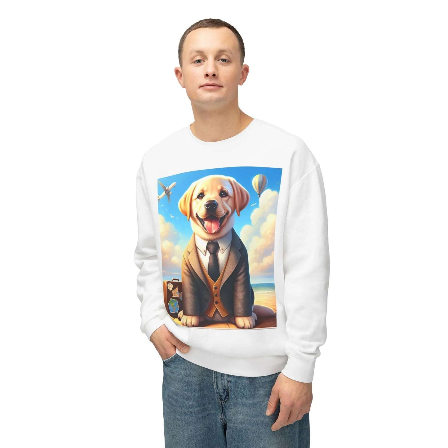 White sweatshirt with dog in suit graphic