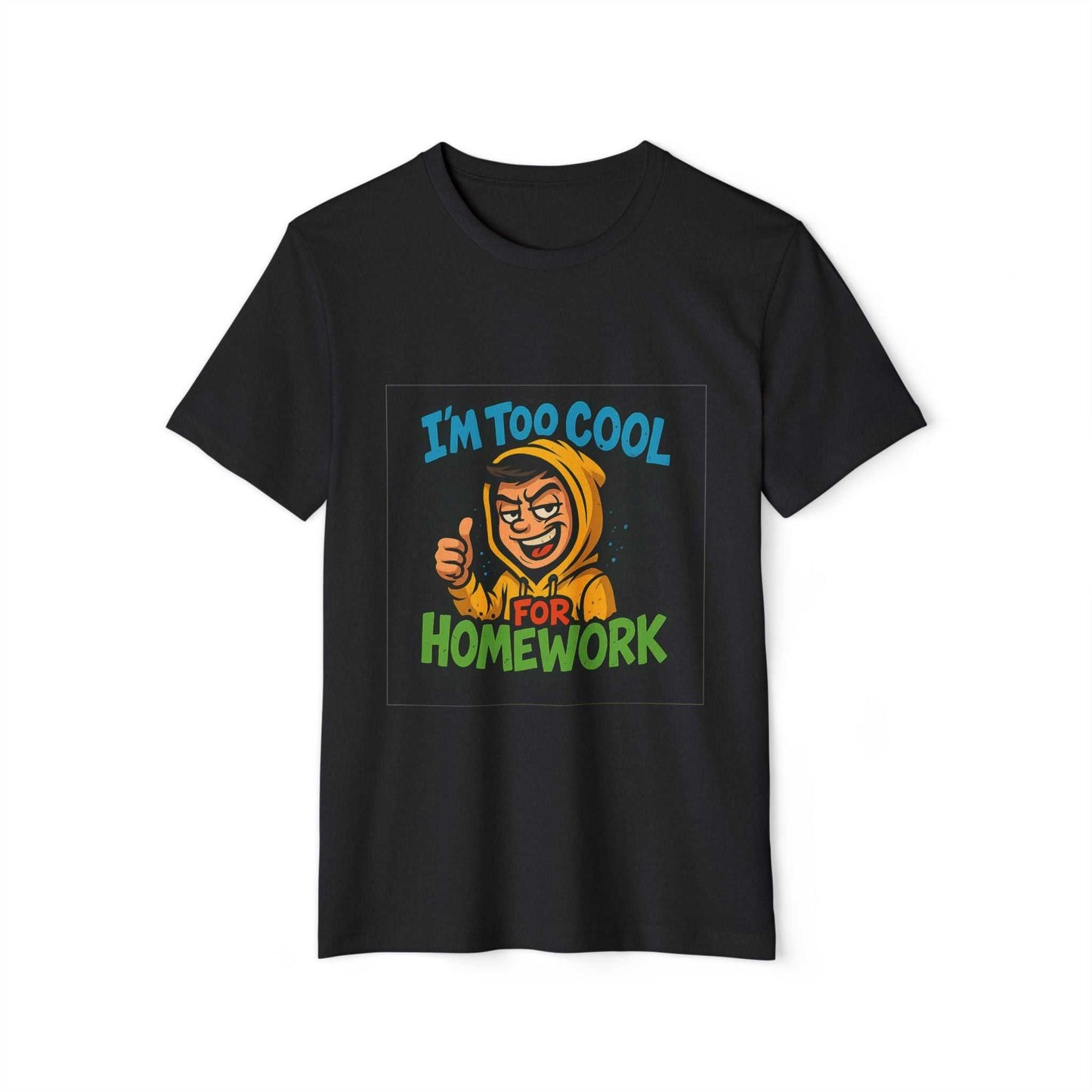 Black tee with cartoon and 'I'm too cool for homework' text
