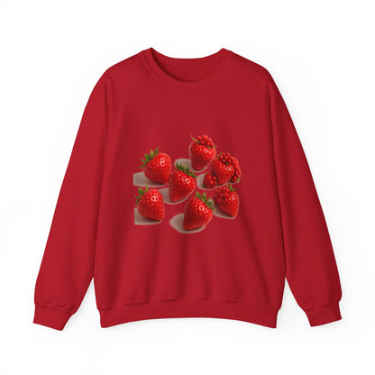 Eco-friendly cozy crewnecks with red berry design – unisex sizing shown

