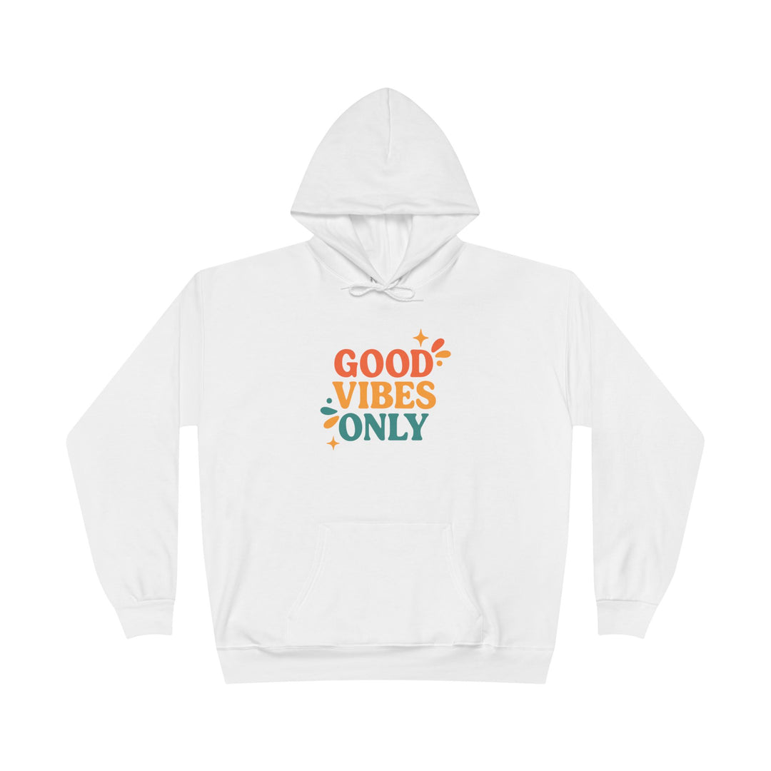 White hoodie with colorful Good Vibes Only print