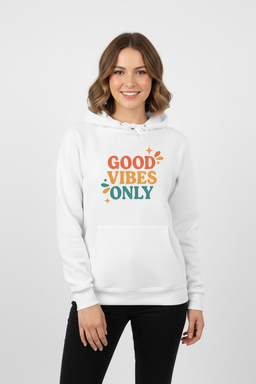 Good vibes hoodie layered under a denim jacket for an easy transitional outfit