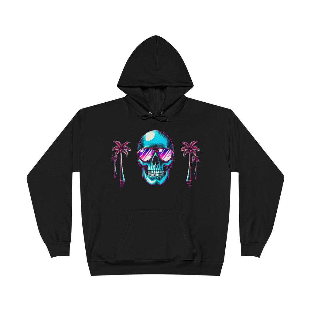 Side view of tropical skull hoodie showing adjustable hood

