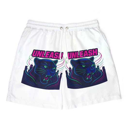 Black shorts with elegant big cat design, drawstring detail
