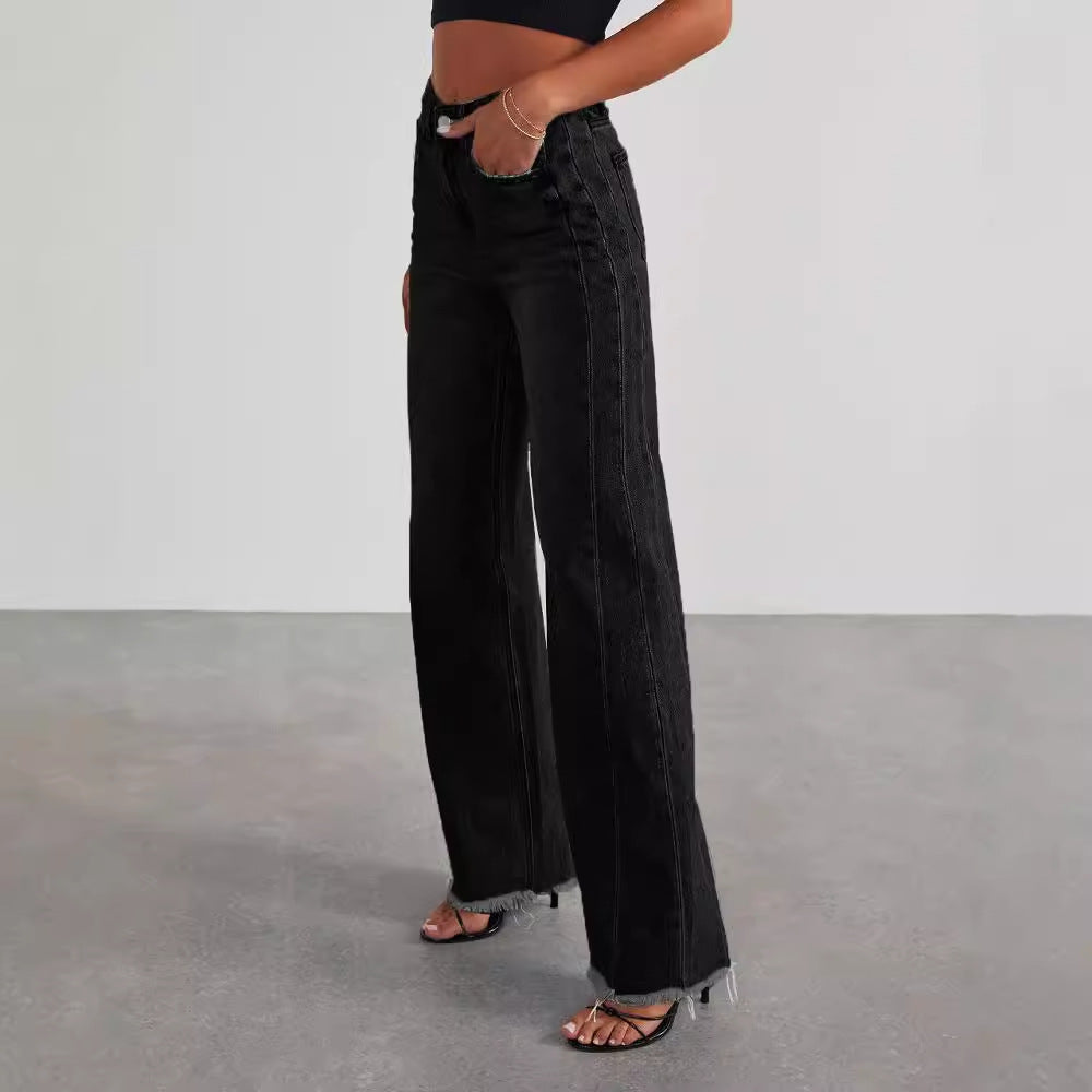 Elegant Straight-Leg High Waist Jeans with Burr Details

