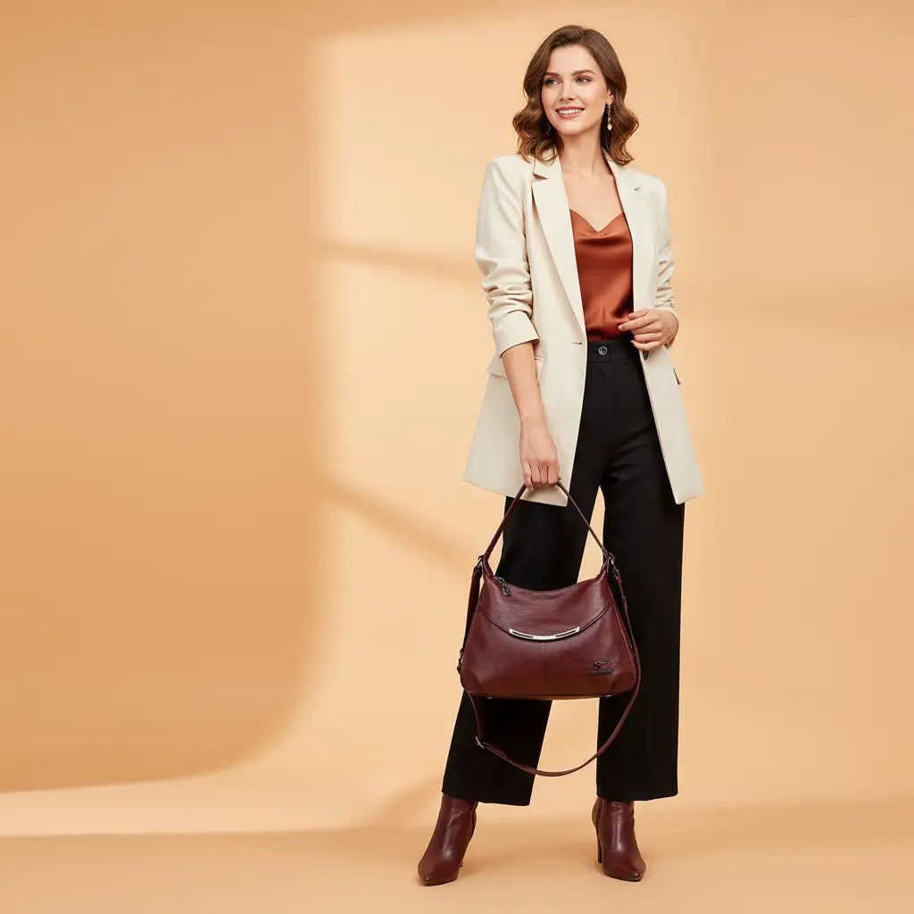 Elegant Wine Red Soft Leather Shoulder Bag – Women's Large Capacity Design with Secure Zipper Pocket