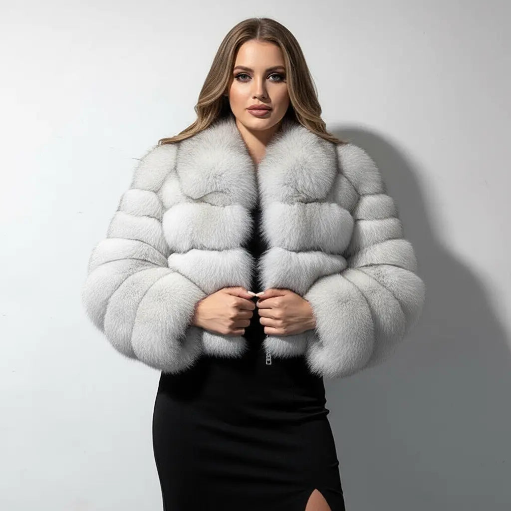 Elegant Woman in Gray Women's Faux Fur Coat Sipping Coffee on Cobblestone Street – Urban Chic Vibes