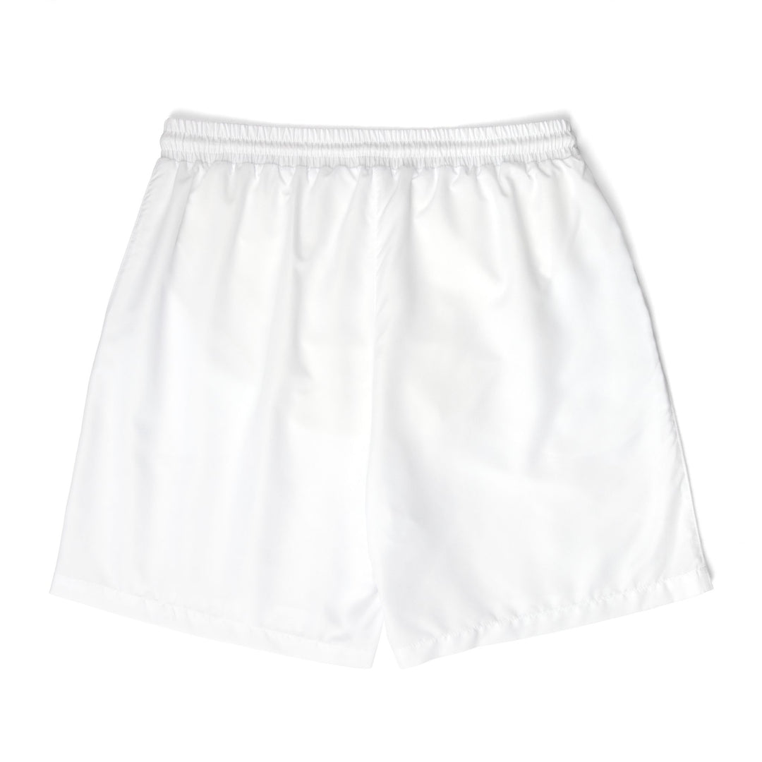 Plain white unisex quick-dry swim shorts back view