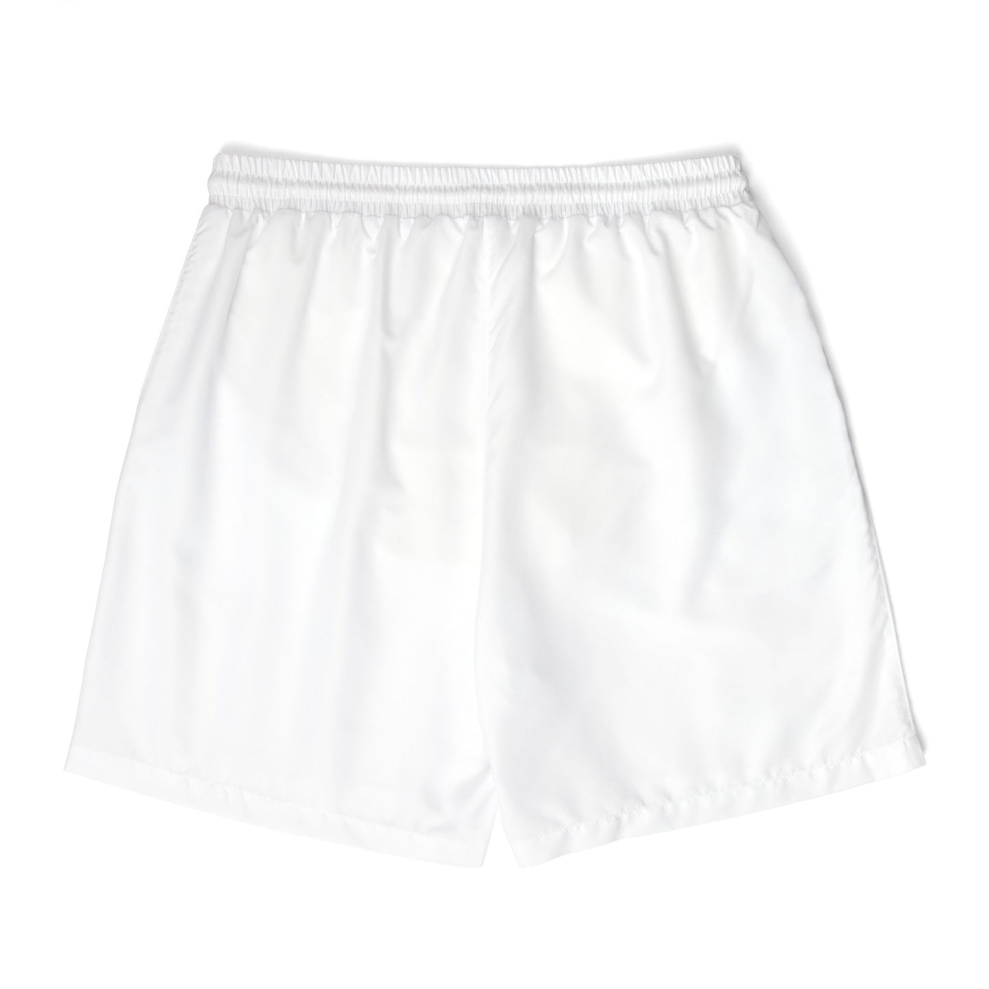 Plain white unisex quick-dry swim shorts back view