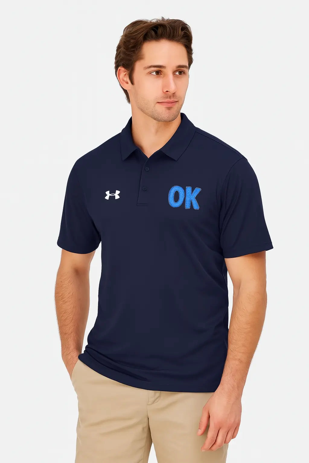Embroidered men's navy polo shirt with "OK" text

