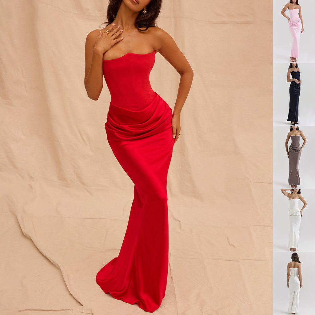 “Emerald Green Slim Tube Top Long Dress – Luxe Backless Cocktail Look”

