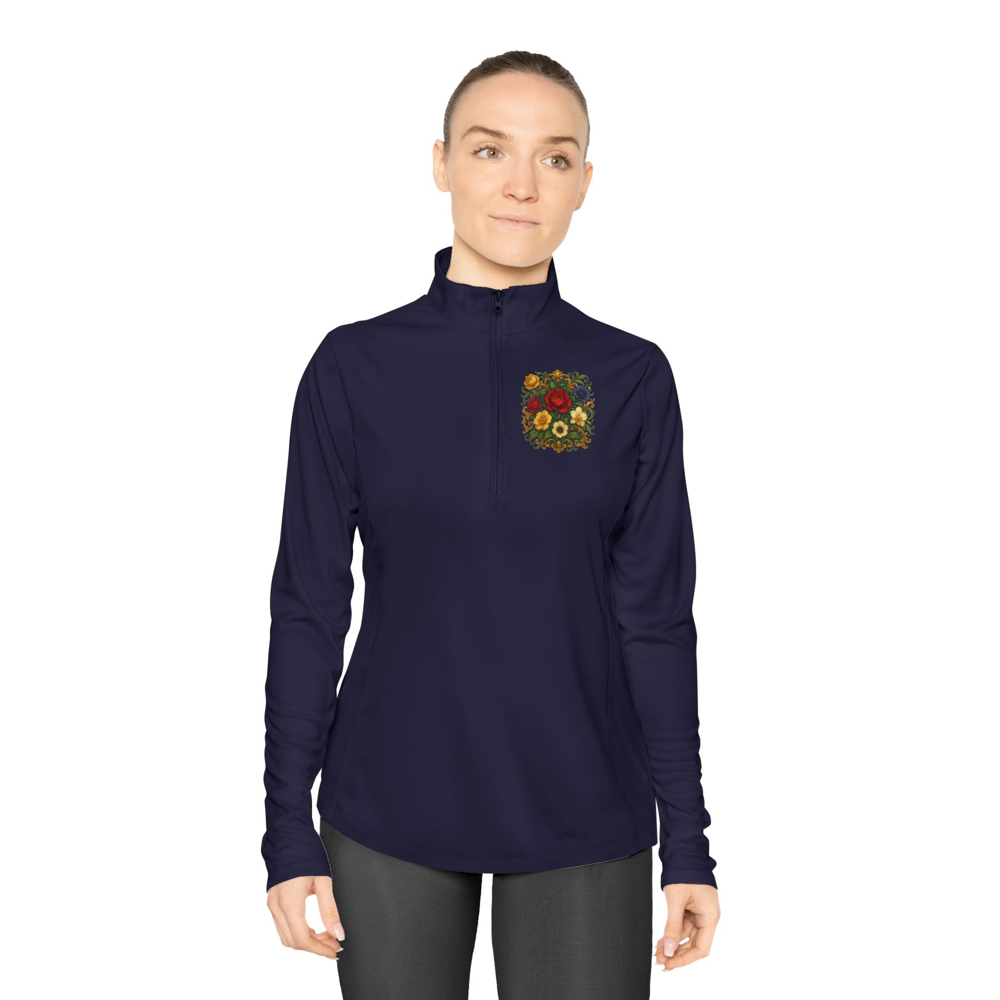Everyday comfort: Floral Ladies Quarter-Zip Pullover in quick-dry 100% polyester