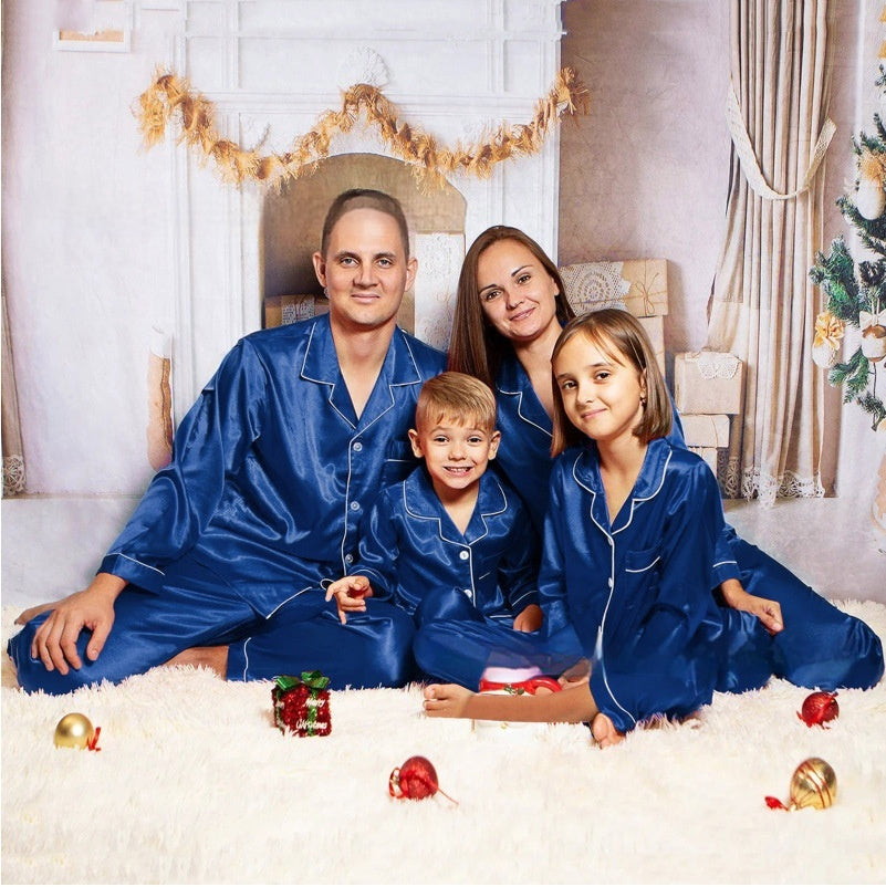 Family matching ice silk pajamas set with button blouse & pants