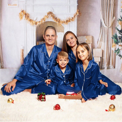 Family matching ice silk pajamas set with button blouse & pants