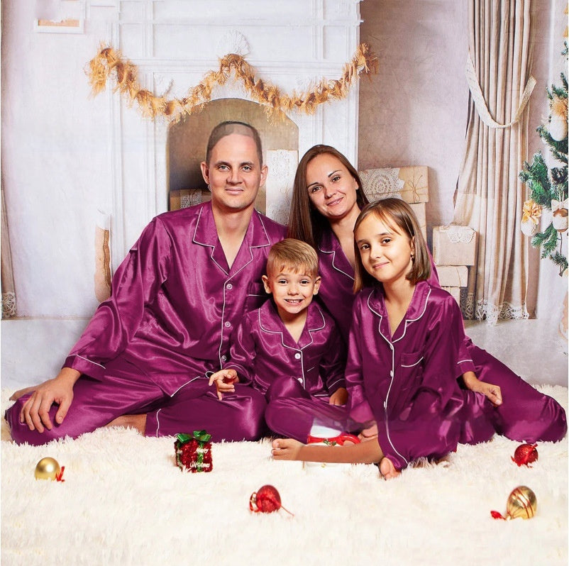 Family matching ice silk pajamas – soft satin shine, photo-ready
