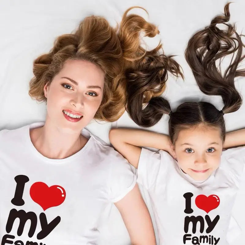 Family of three in I Love My Family T-shirt – photo-ready smiles
