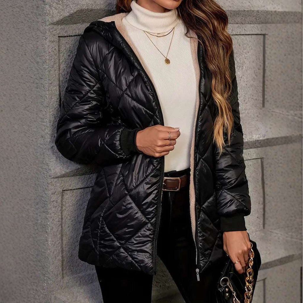 Diamond lattice women’s winter coat with down cotton – shown in urban outdoor setting

