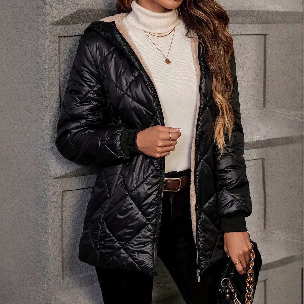 Diamond lattice women’s winter coat with down cotton – shown in urban outdoor setting


