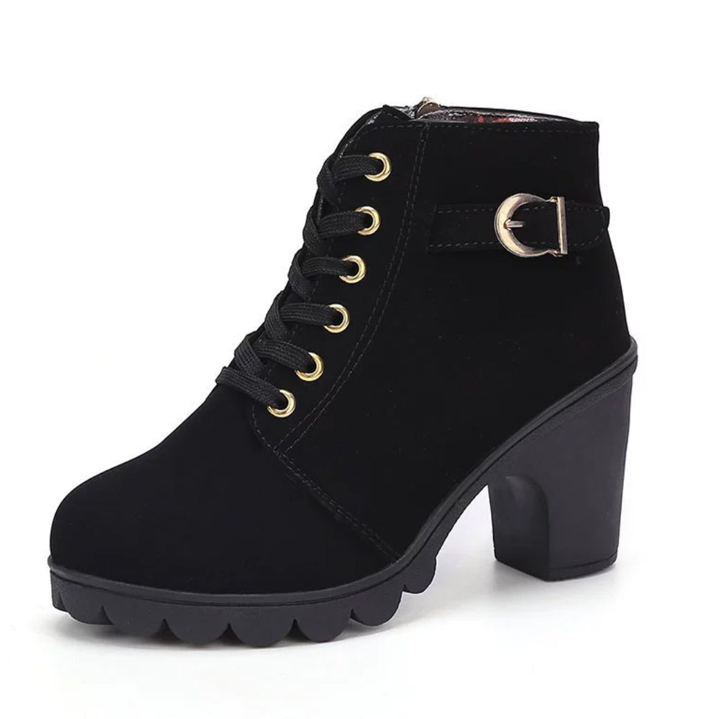 Fashion suede leopard ankle boots – lace-up design with chunky square heel.