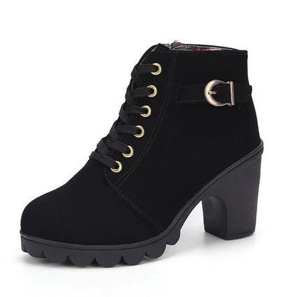 Fashion suede leopard ankle boots – lace-up design with chunky square heel.