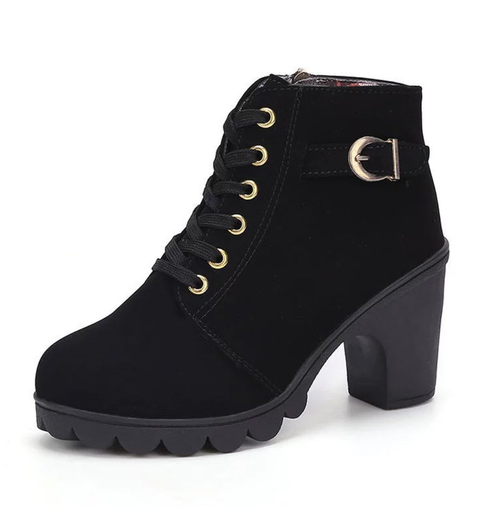 Fashion suede leopard ankle boots – lace-up design with chunky square heel.